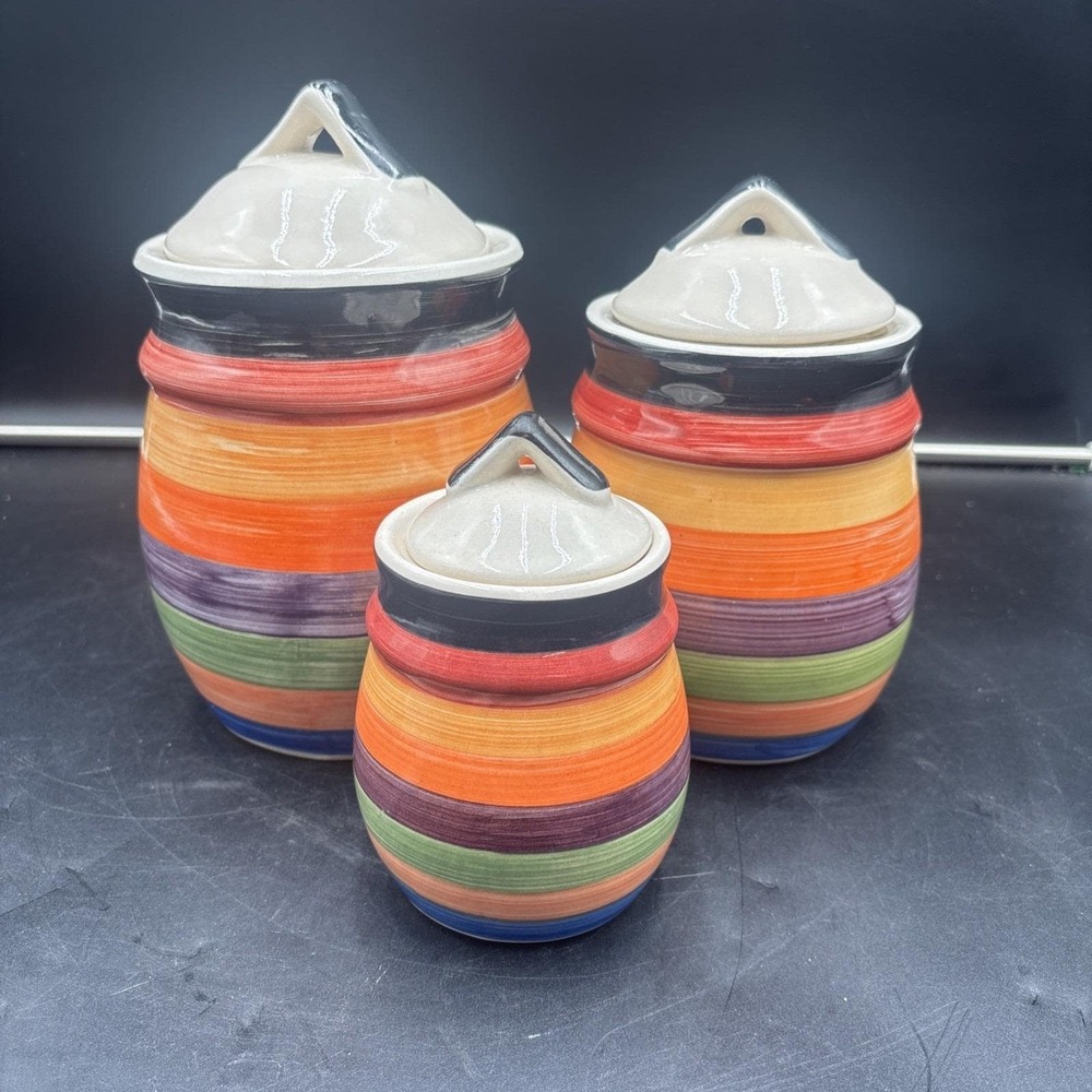 Vtg MCM Philippe Richard Rondo 1970s Striped Canisters Set of 3 ~ 9", 6.5", 5.5"